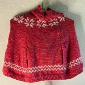 Hand Knit Red Hooded Knit Sweater with Snowflake Design Girls Size 4-6Y